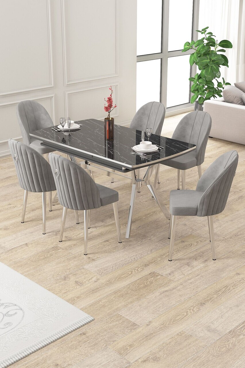 Set masa extensibila si scaune (7 piese), Hanah Home, Sim, Model de marmură neagră / Crom / Gri