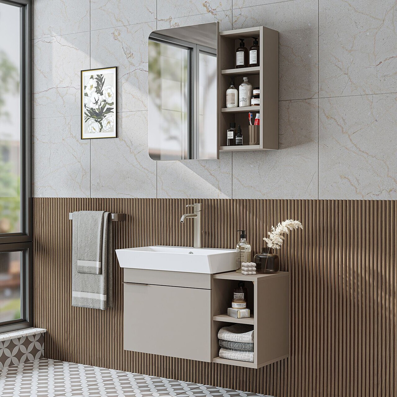 Set Dulap de Baie cu Chiuvetă și Oglindă (2 Piese), Hanah Home, 2938, MDF, Gresie — imaginea 4
