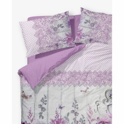 Lenjerie de pat dubla Gardenia, Aglika, 4 piese, 200 x 220 cm, 100% bumbac, gri/mov