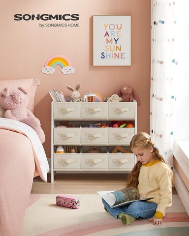 Organizator jucarii / mobilier camera copilului, Songmics, 9 compartimente, 62.5x29.5x60 cm, PAL, alb cloud