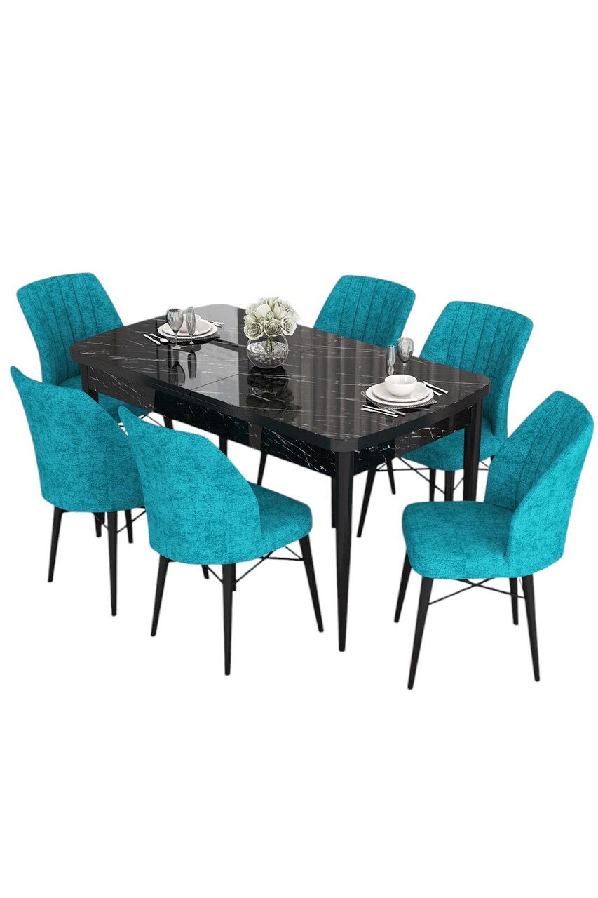 Set masa extensibila si scaune, Hanah Home, Eva, Marmură neagră / Turcoaz - view 2