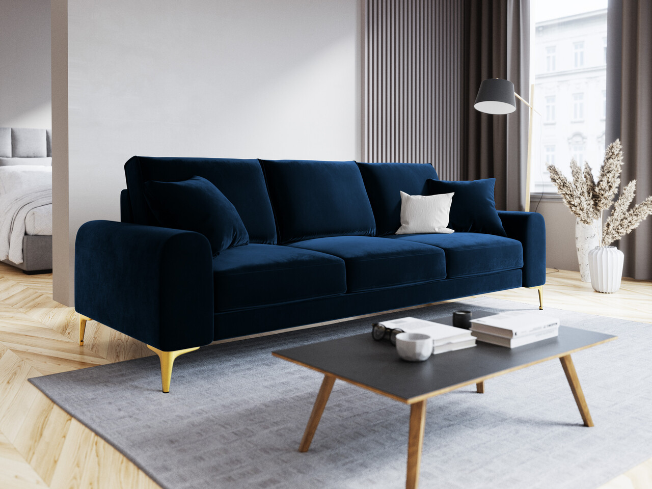 Canapea, Madara, Mazzini Sofas, 3 locuri, gold legs, 222x102x90 cm, catifea, albastru regal