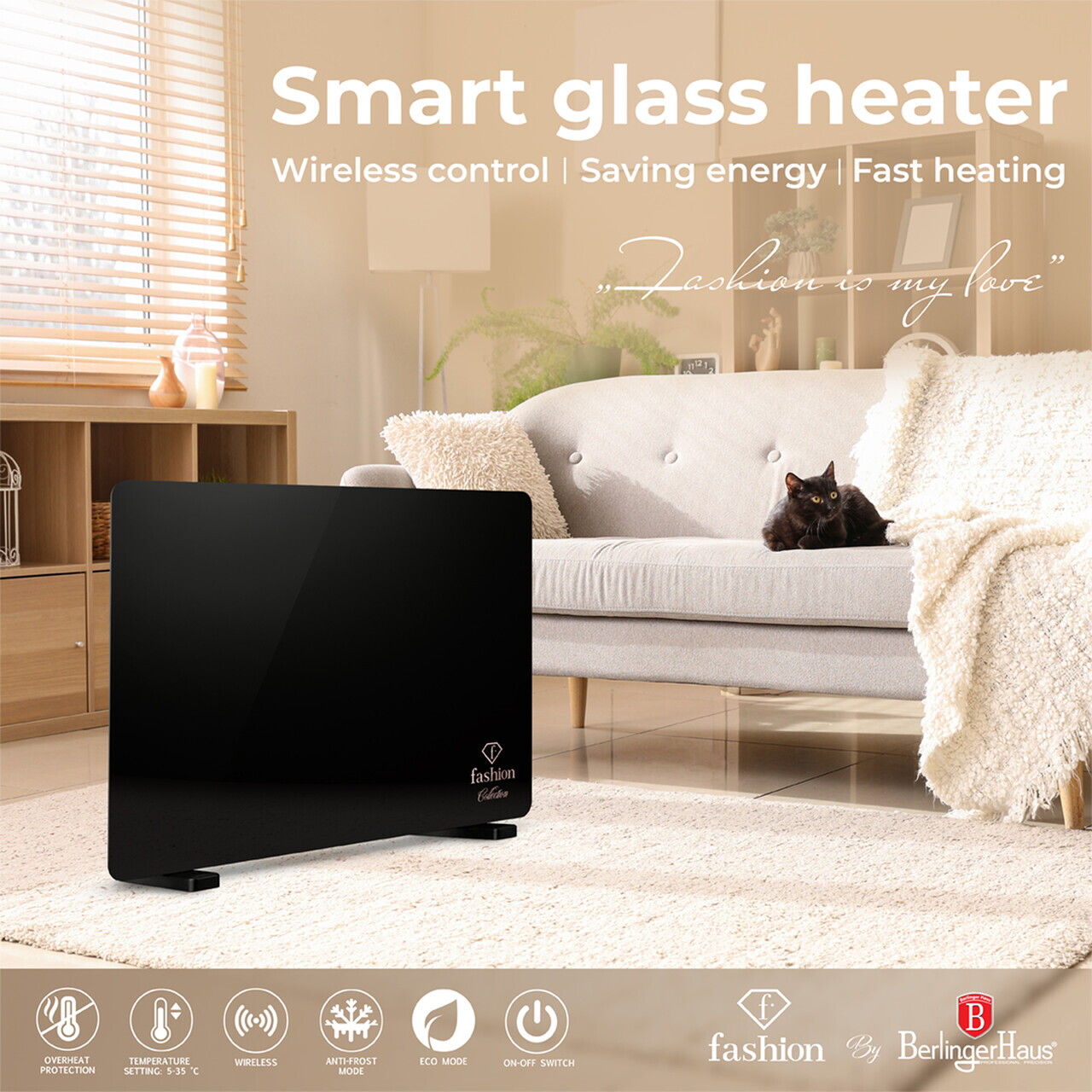 Panou electric de incalzire Fashion TV, Black Rose, 64.5x6.6x43 cm, 1400W, sticla securizata, negru - view 4