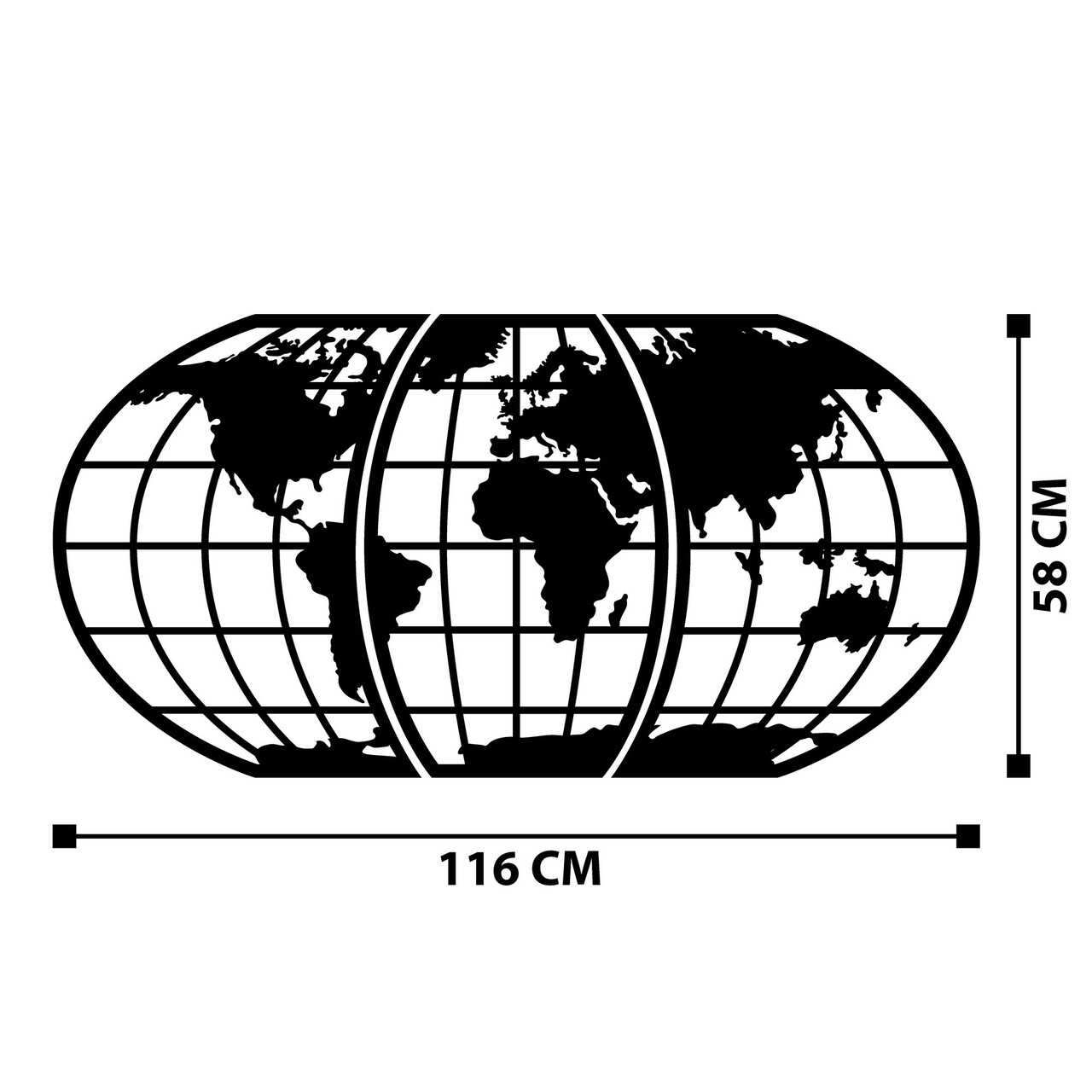 Decoratiune de perete, World Map 11, metal, 116 x 58 cm, negru