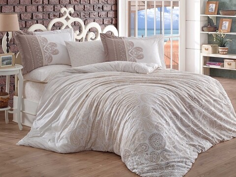 Lenjerie de pat dubla King, 3 piese, 220×240 cm, 100% bumbac poplin, Hobby, Irene, bej /100
