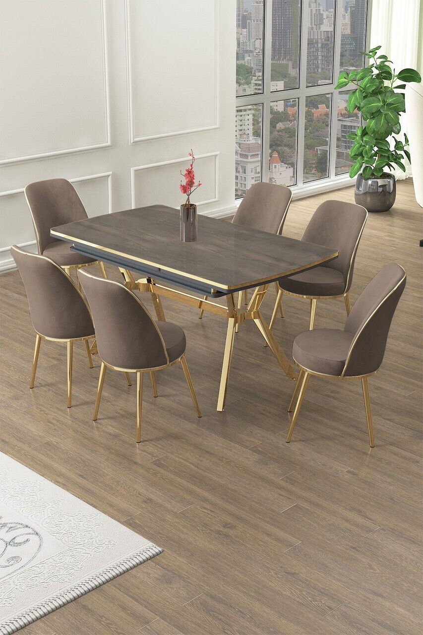 Set masa extensibila si scaune (7 piese), Hanah Home, Poy, Antracit / Auriu / Cappuccino