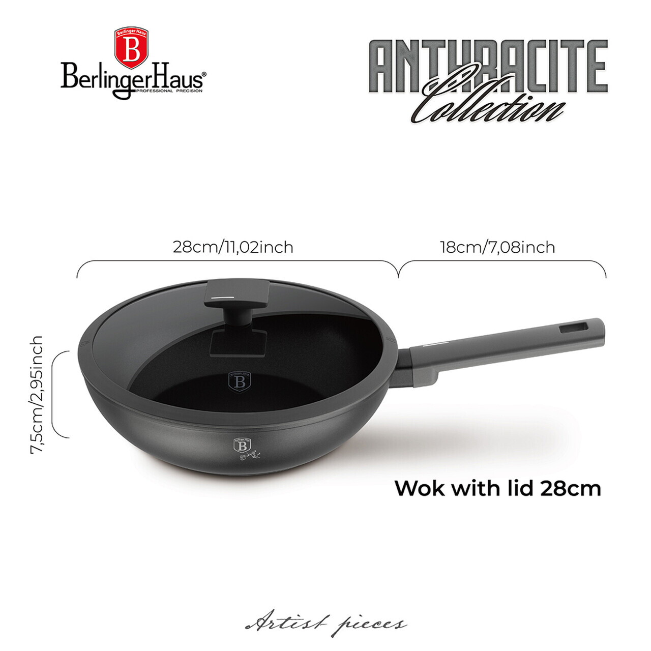Tigaie Wok cu capac Berlinger Haus, Anthracite, 28 cm, 3.2 L, aluminiu forjat, antracit mat - imagine 8
