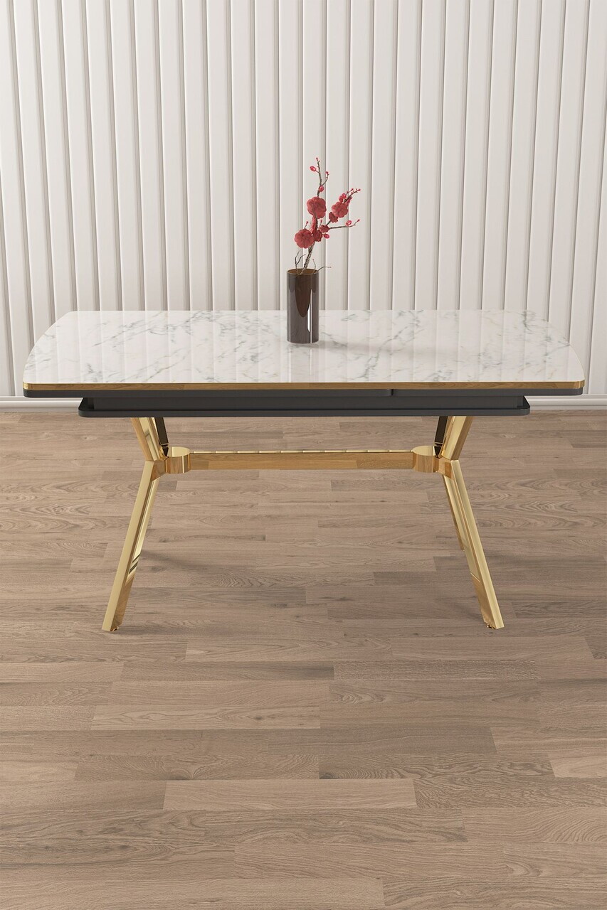 Masa extensibila, Hanah Home, Sim, 89x76x150 cm, Model de marmură albă / Auriu