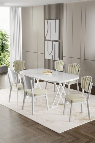 Set masa si scaune (7 piese), Hanah Home, Flori, Alb / Crem