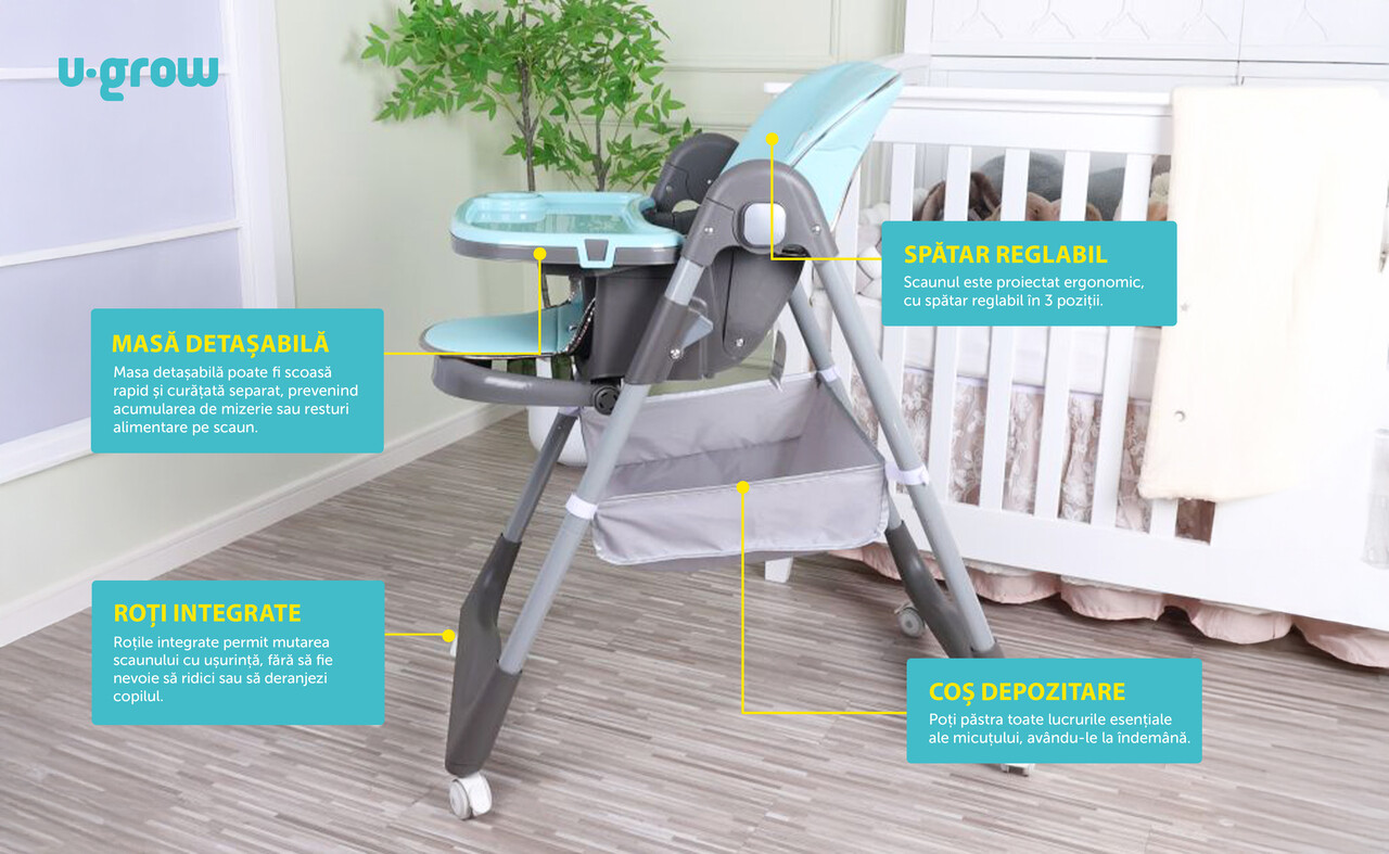 Scaun de masa pentru bebelusi cu inaltime reglabila, U-Grow, 53.5x20.5x62 cm, piele ecologica/textil, albastru/gri