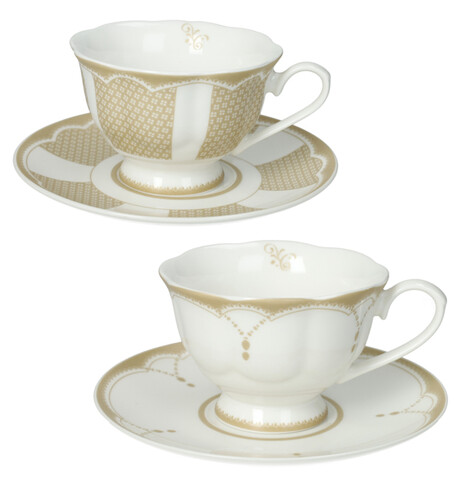 Set 2 cesti cu farfurie pentru ceai, Golden Eye, Brandani, D15x7.5 cm, portelan New Bone China