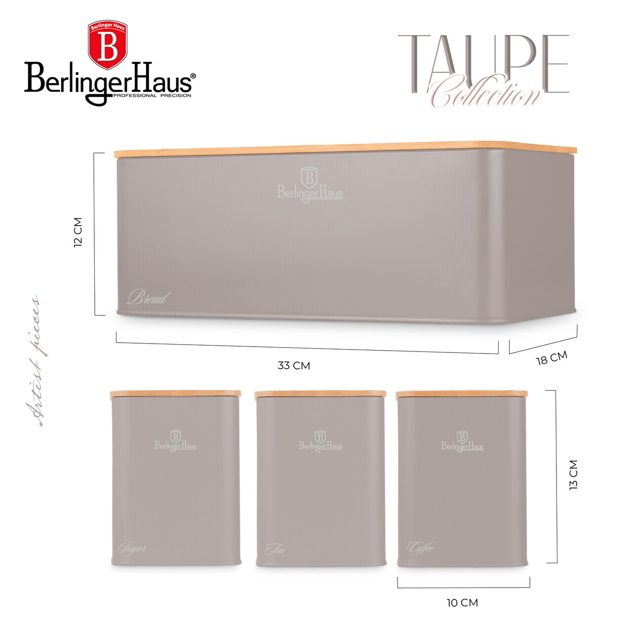 Set cutie pentru paine si 3 recipiente Berlinger Haus, Taupe, 33x18x12 cm, otel carbon, taupe mat/natur - imagine 5