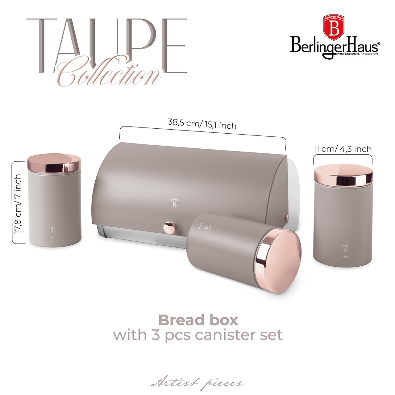 Set cutie pentru paine si 3 recipiente Berlinger Haus, Taupe, 38.5x28x18.5 cm, inox, taupe - imagine 6