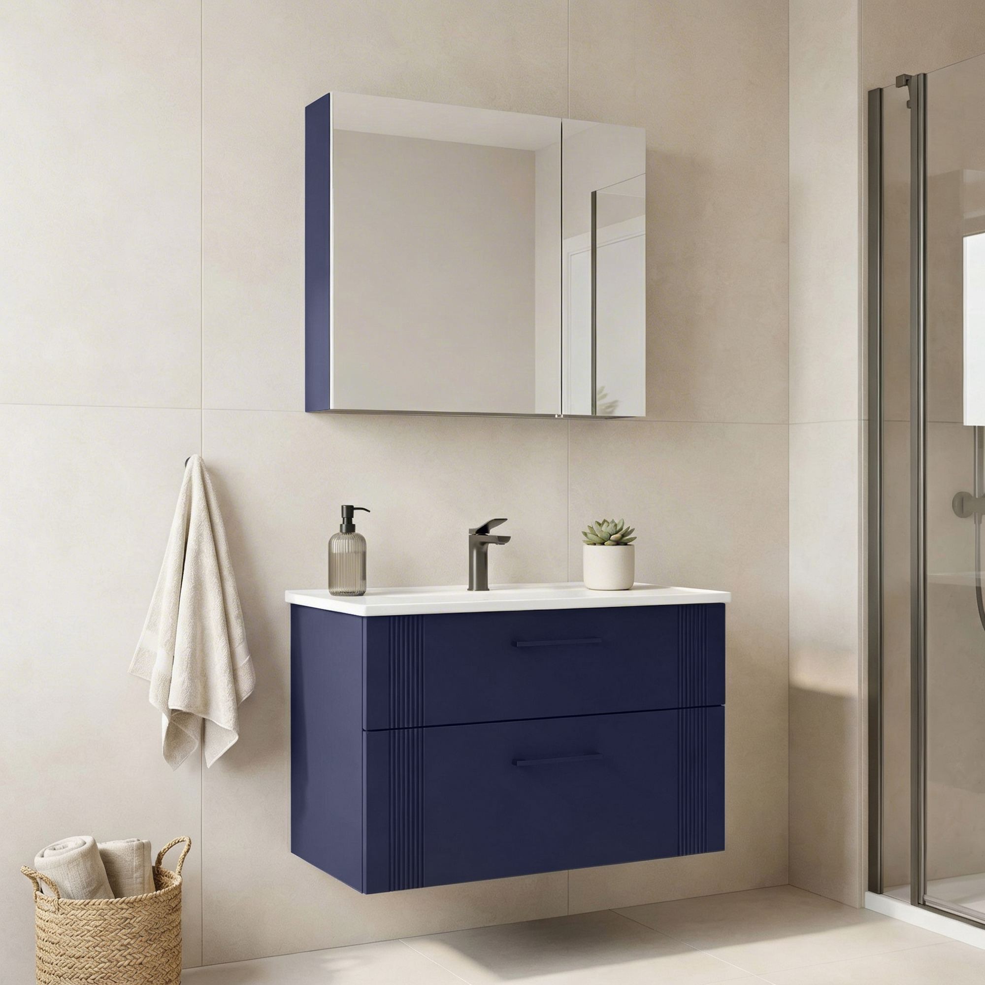 Set Dulap de Baie cu Chiuvetă și Oglindă (2 Piese), Hanah Home, Bari 85 v2, Albastru marin mat