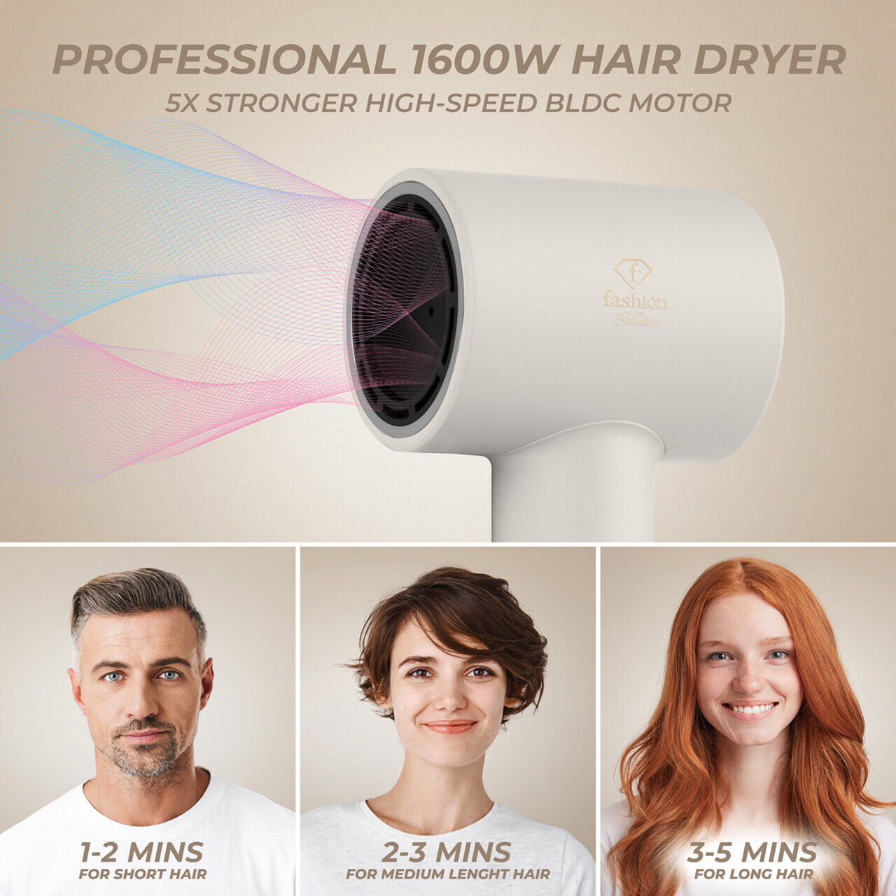 Uscator de par Fashion TV, Matte Cream-Gold, 1350-1600W, 3 viteze, 3 trepte de temperatura, crem - imagine 17