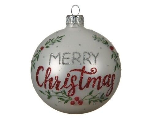 Glob merry christmas, decoris, Ø8 cm, sticla, alb
