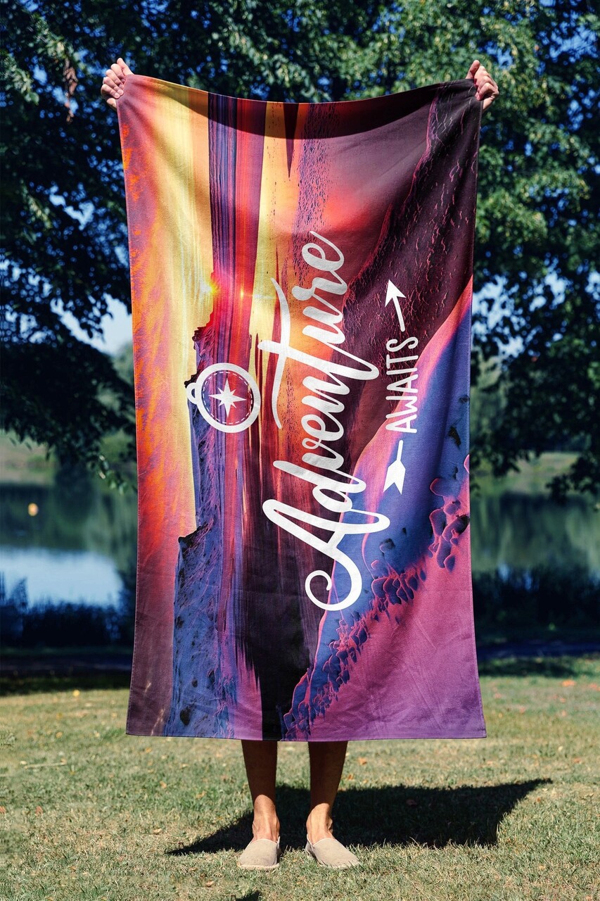 Prosop de plaja, Astacura, Adventures Awaits 70, 70x130 cm, Poliester/Poliamida, Multicolor