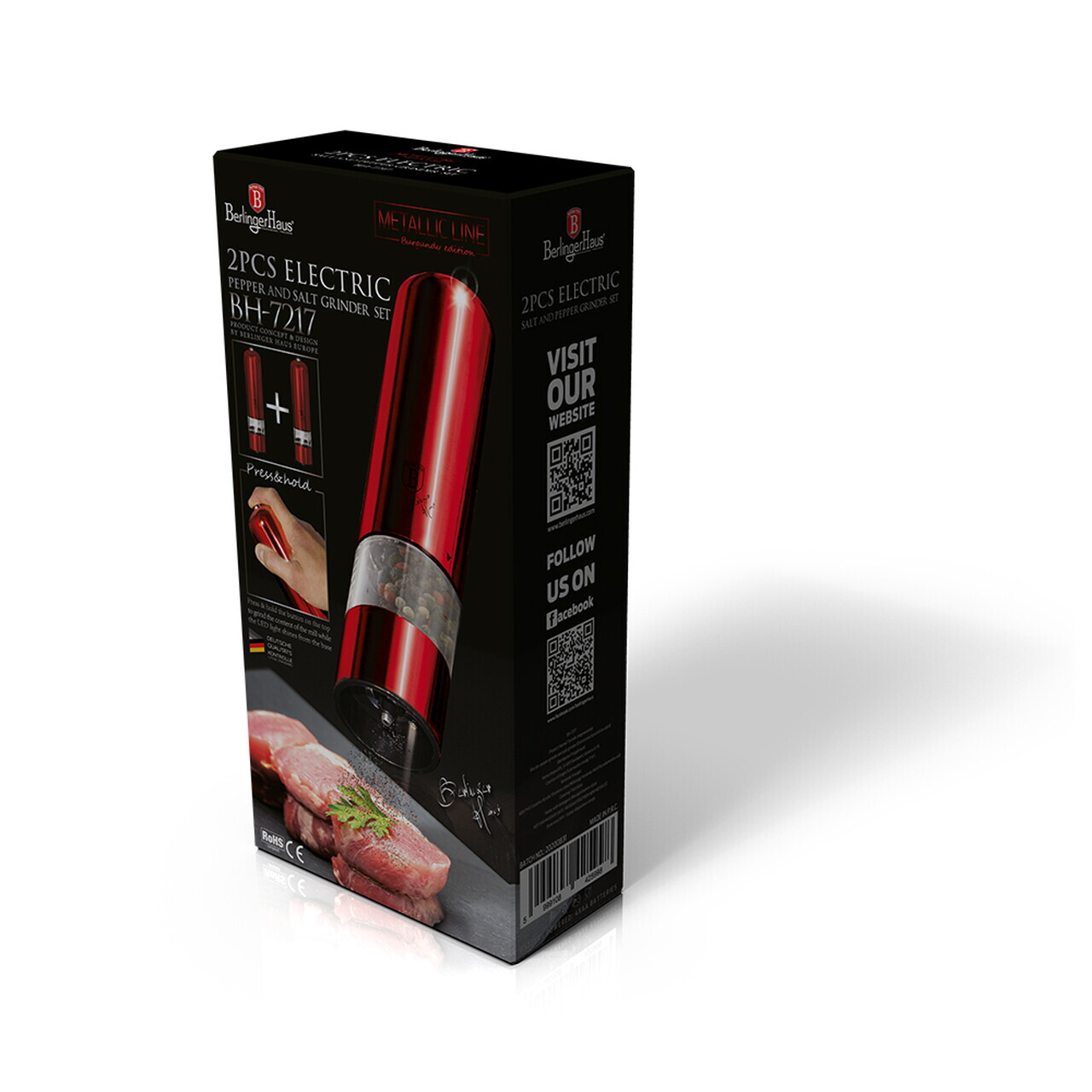Set 2 rasnite electrice pentru sare/piper Berlinger Haus, Burgundy, inox/ceramica, rosu - imagine 5