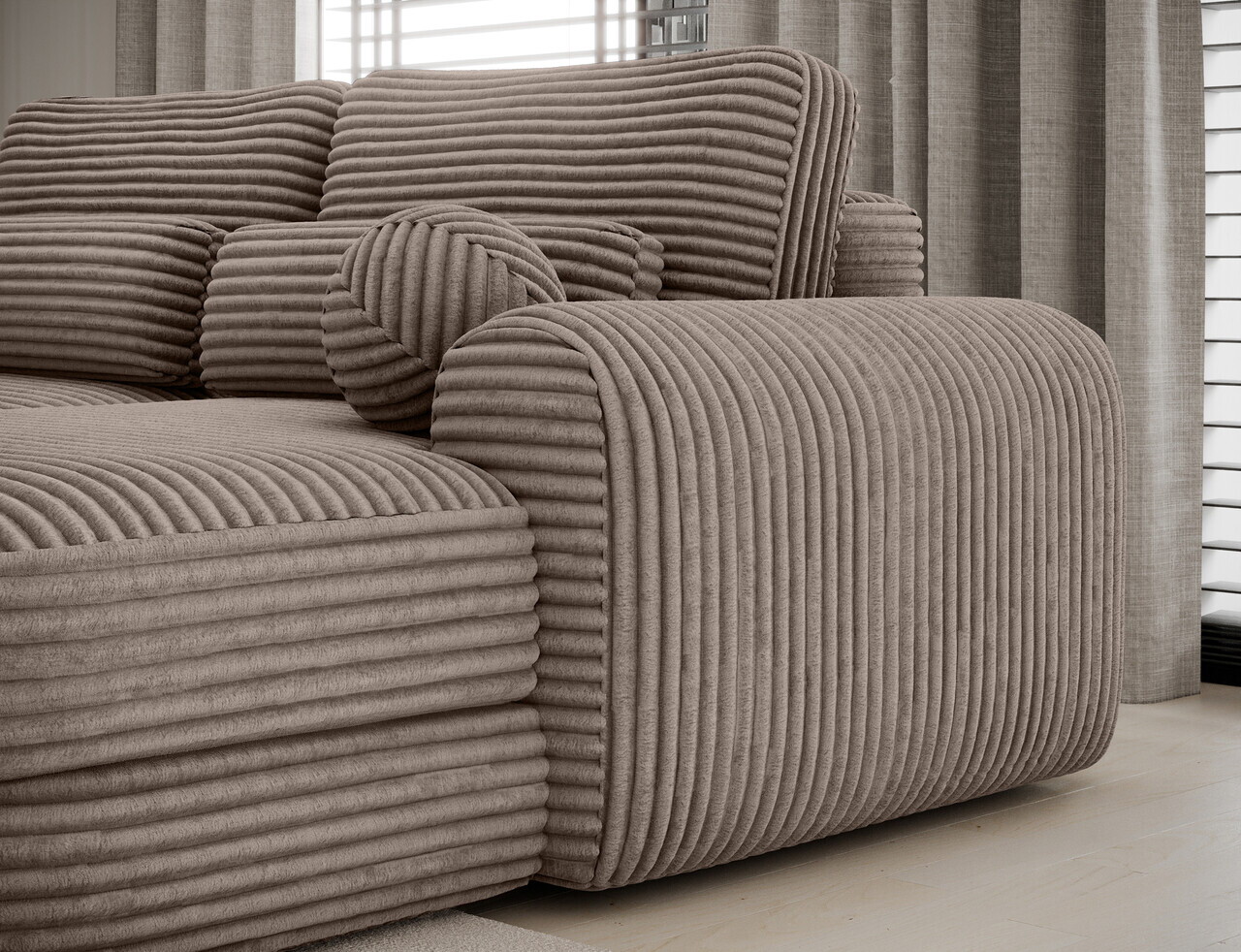 Coltar extensibil dreapta 3 locuri ELTAP, Ripeli, 217x175x96 cm, lemn/catifea din poliester, maro deschis — imaginea 9