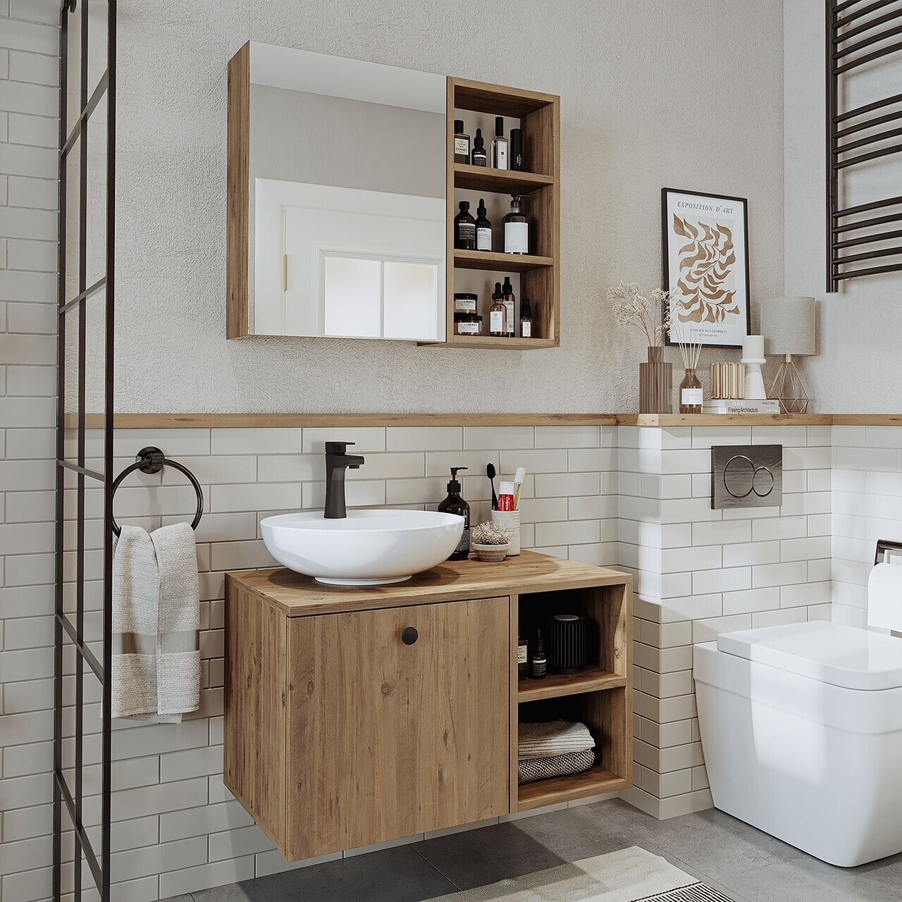 Set Dulap de Baie cu Chiuvetă și Oglindă (2 Piese), Hanah Home, 2484, MDF, Maro — imaginea 2