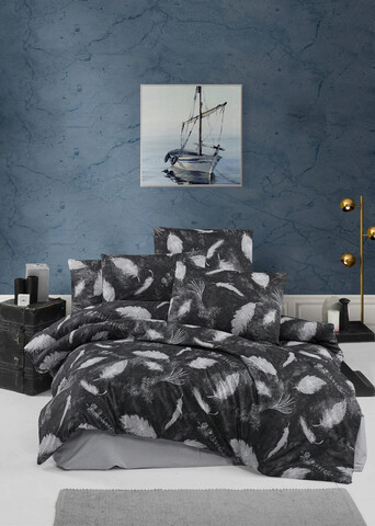 Lenjerie de pat pentru o persoana, feather - black, victoria, bumbac ranforce