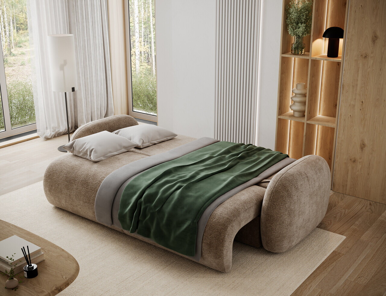 Canapea extensibila 3 locuri ELTAP, Avuela, 250x105x94 cm, lemn/tesatura chenille, maro deschis — imaginea 6