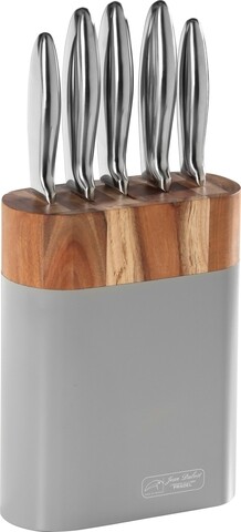 Set 5 cutite + suport Jean Dubost, inox/lemn, gri