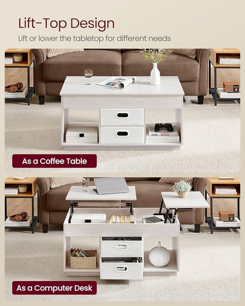 Masuta de cafea cu blaturi rabatabile, Vasagle Lift-Top, 100x50x48-62.3 cm, PAL/otel, bej - imagine 5