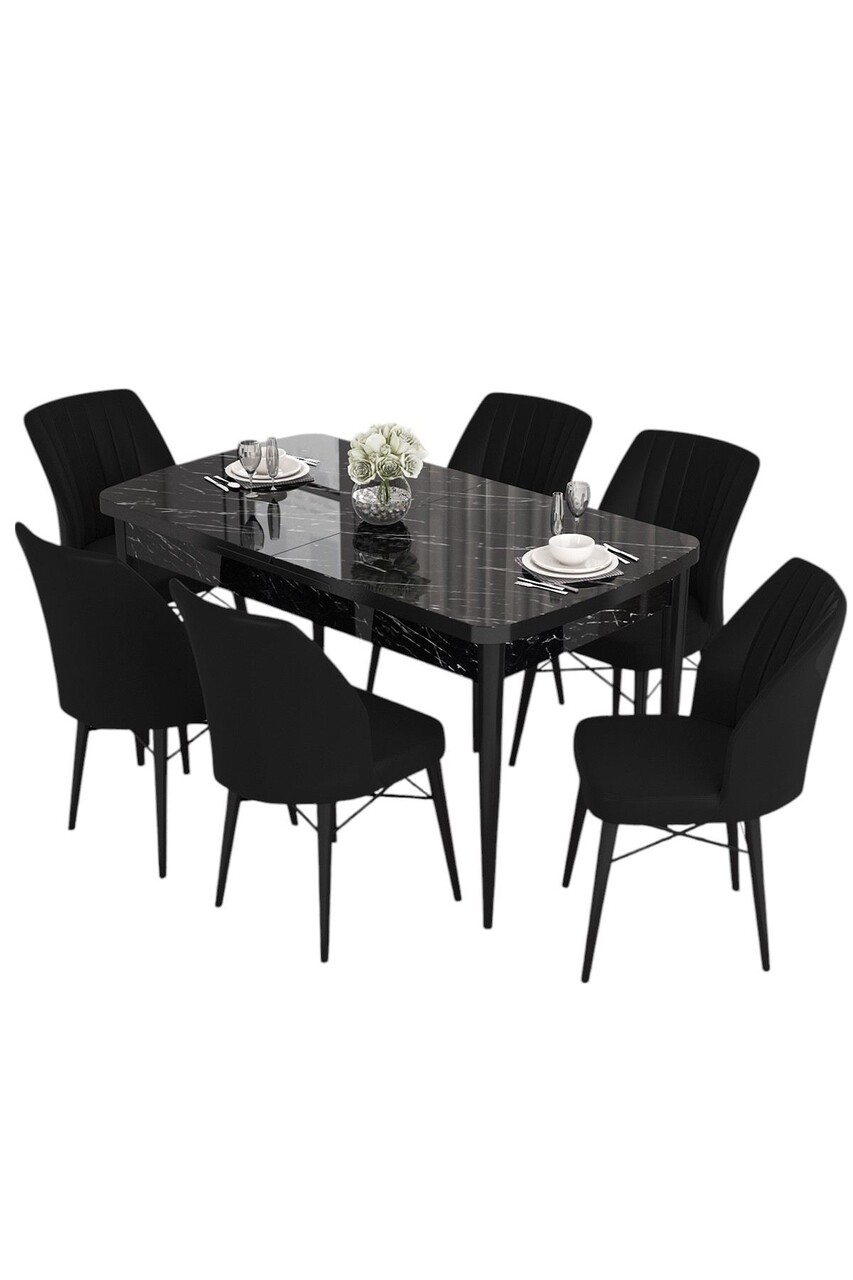 Set masa extensibila si scaune, Hanah Home, Eva, Marmură neagră / Negru - view 2
