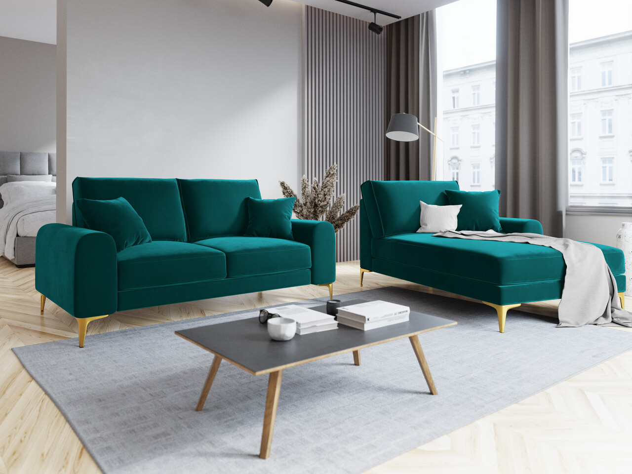 Canapea, Madara, Mazzini Sofas, 2 locuri, gold legs, 172x102x90 cm, catifea, turcoaz