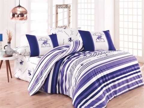 Lenjerie de pat pentru o persoana, Lilac Stripes, Beverly Hills Polo Club, 3 piese, 160 x 240 cm, 100% bumbac ranforce, alb/mov /100