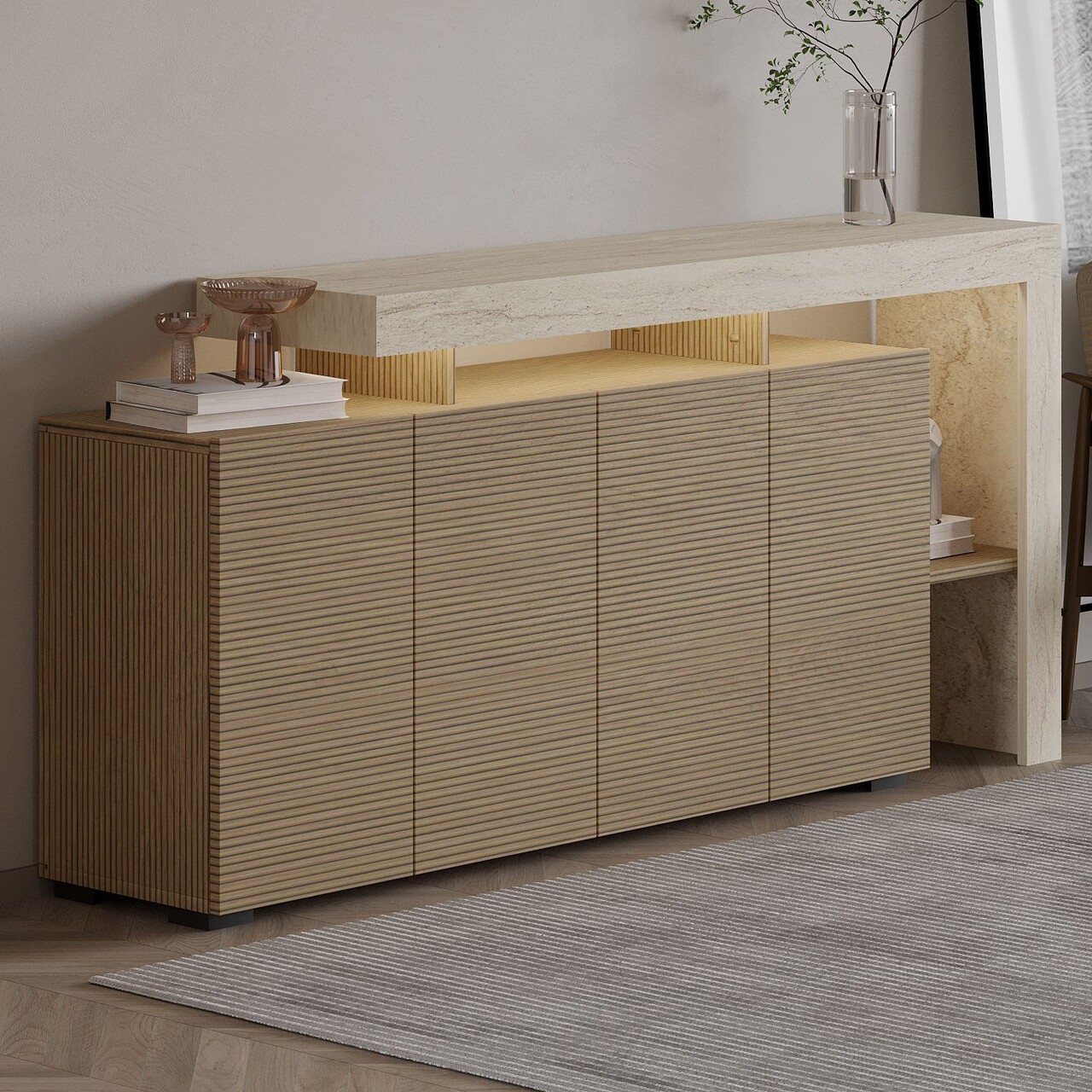 Consola, Hanah Home, Beliz, 170x80x35 cm, Travertin / Stejar cald - view 2