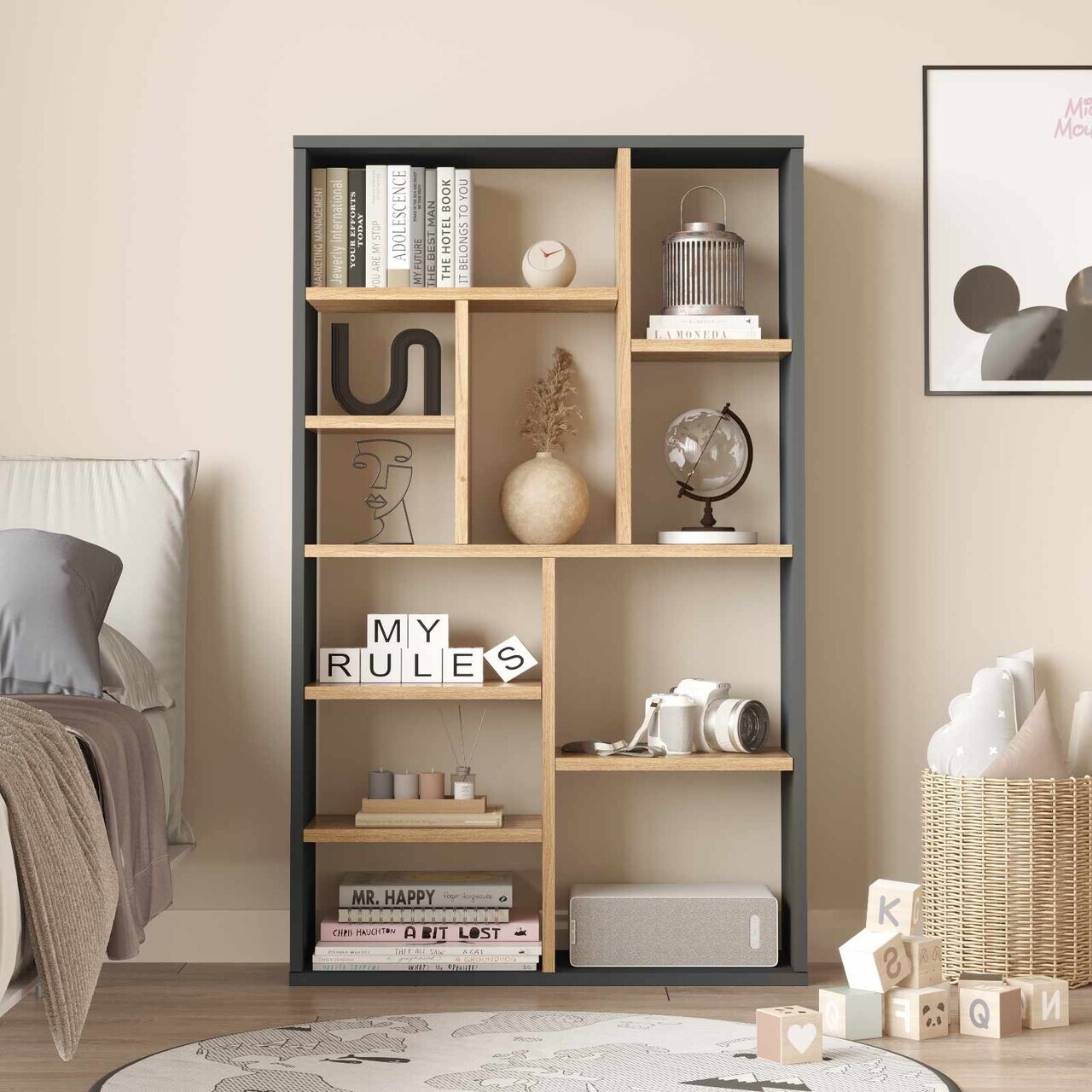 Corp biblioteca, Hanah Home, Kor1-Sa, 75x123.6x22 cm, PAL, Natural / Antracit — imaginea 2