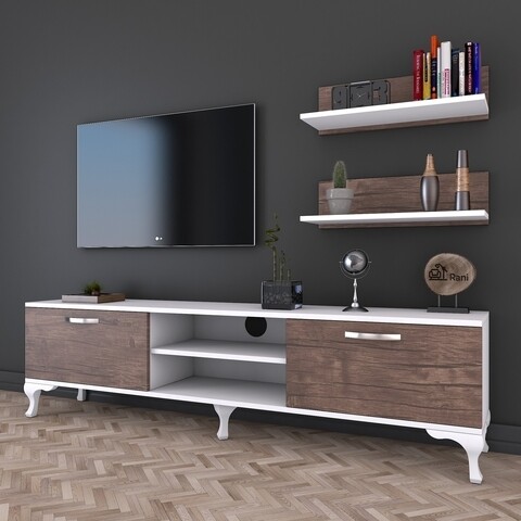 Comoda TV cu 2 rafturi de perete A4 – 55, Wren, 150 x 30 x 43.7 cm/50 x 15 x 13 cm, walnut/white mezoni.ro