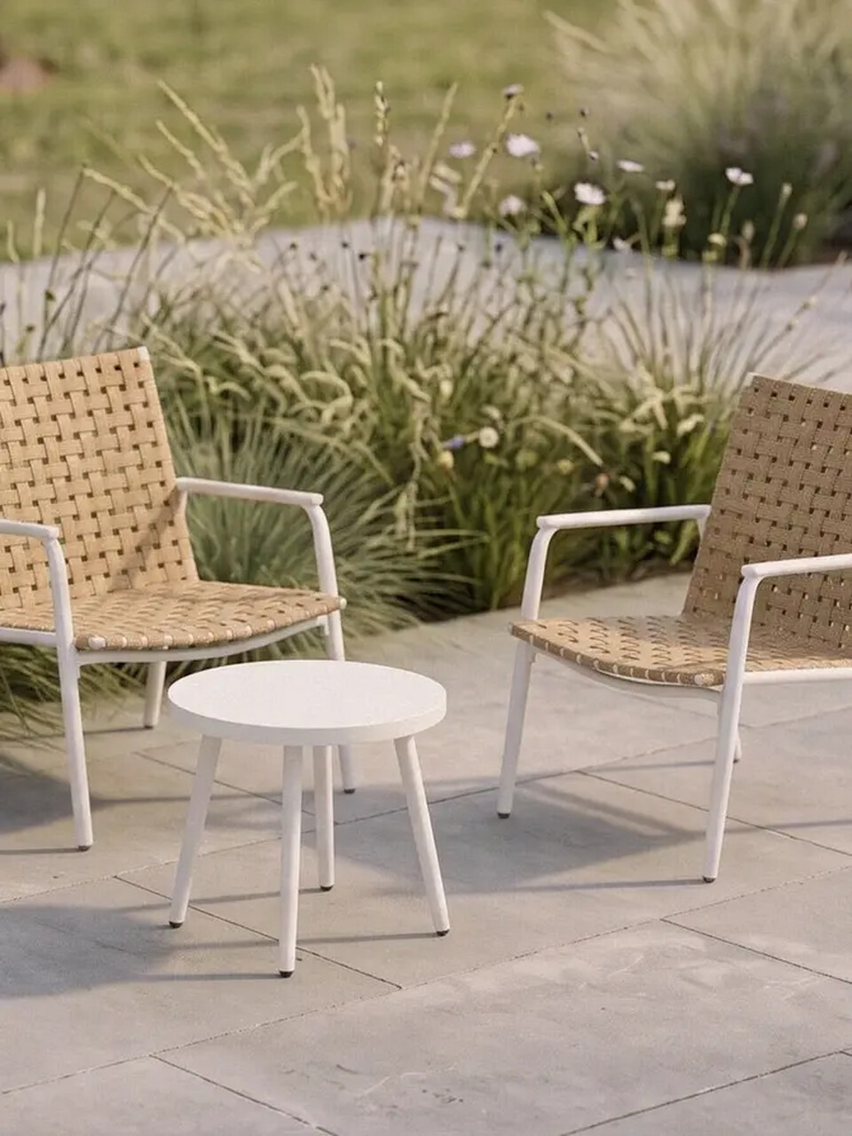 Set 2 scaune si masuta pentru gradina / terasa Trad, Homla, 74x64x78 cm / 45x41.5 cm, otel/technorattan, bej/alb