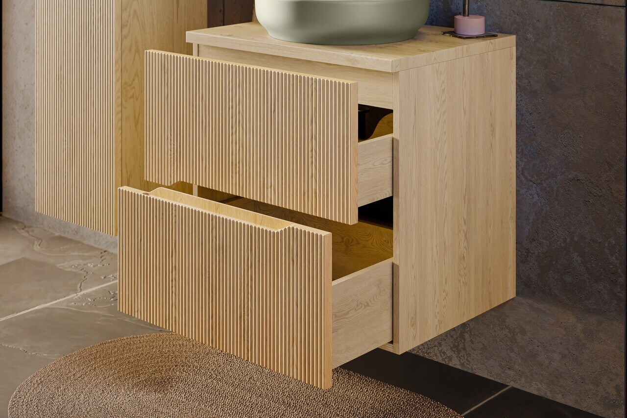 Set mobilier baie Nordic Cremona River 60 cm, dulap inalt si masca cu lavoar, Comad, MDF/PAL, stejar - view 7