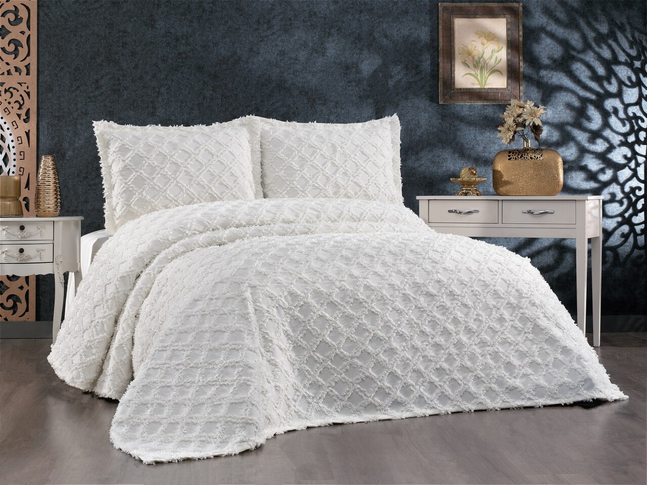 Set cuvertura de pat dubla 3 piese, Harem - Cream, Whitney, Tesatura Chenille