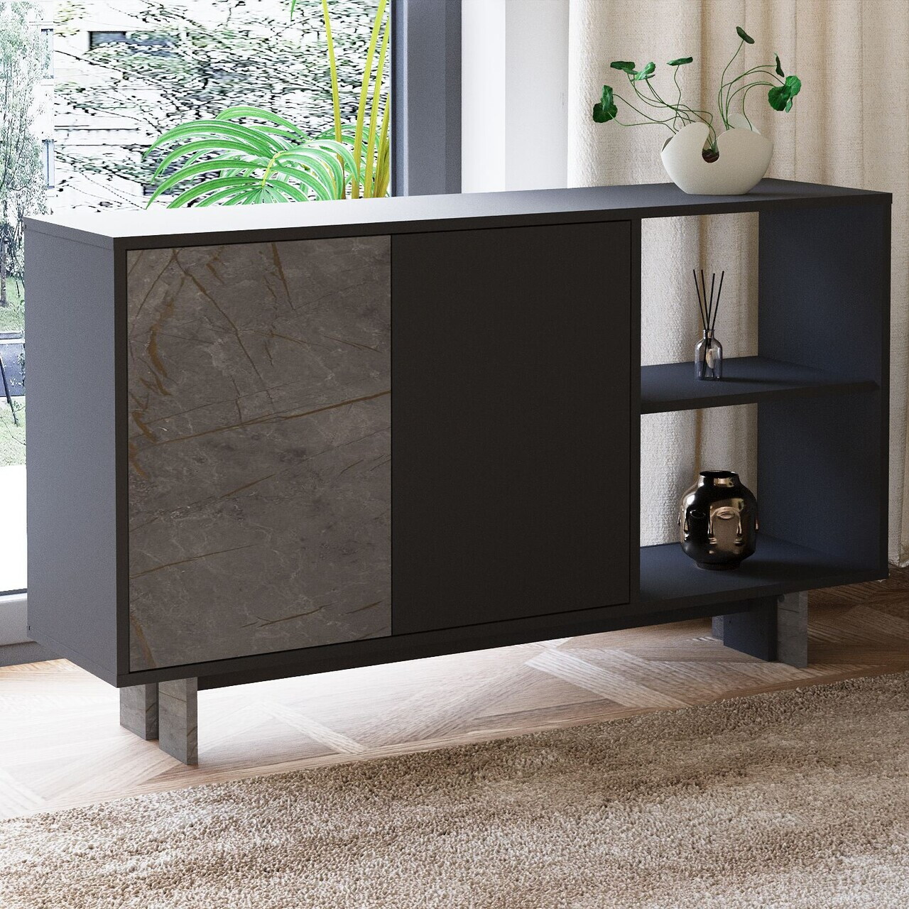 Consola, Hanah Home, Ravello, 140x80x35 cm, PAL, Marmură / Antracit — imaginea 3