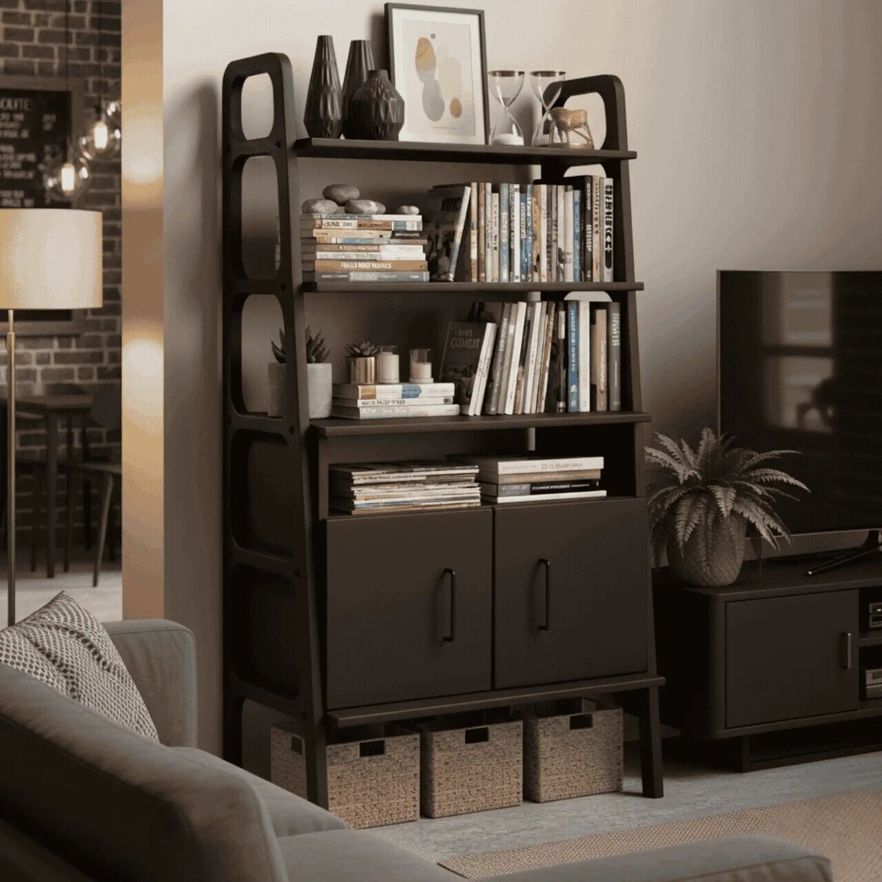 Corp biblioteca, Hanah Home, CPT4671-75, 75x140x40 cm, PLACAJ CARPEN, Negru — imaginea 7