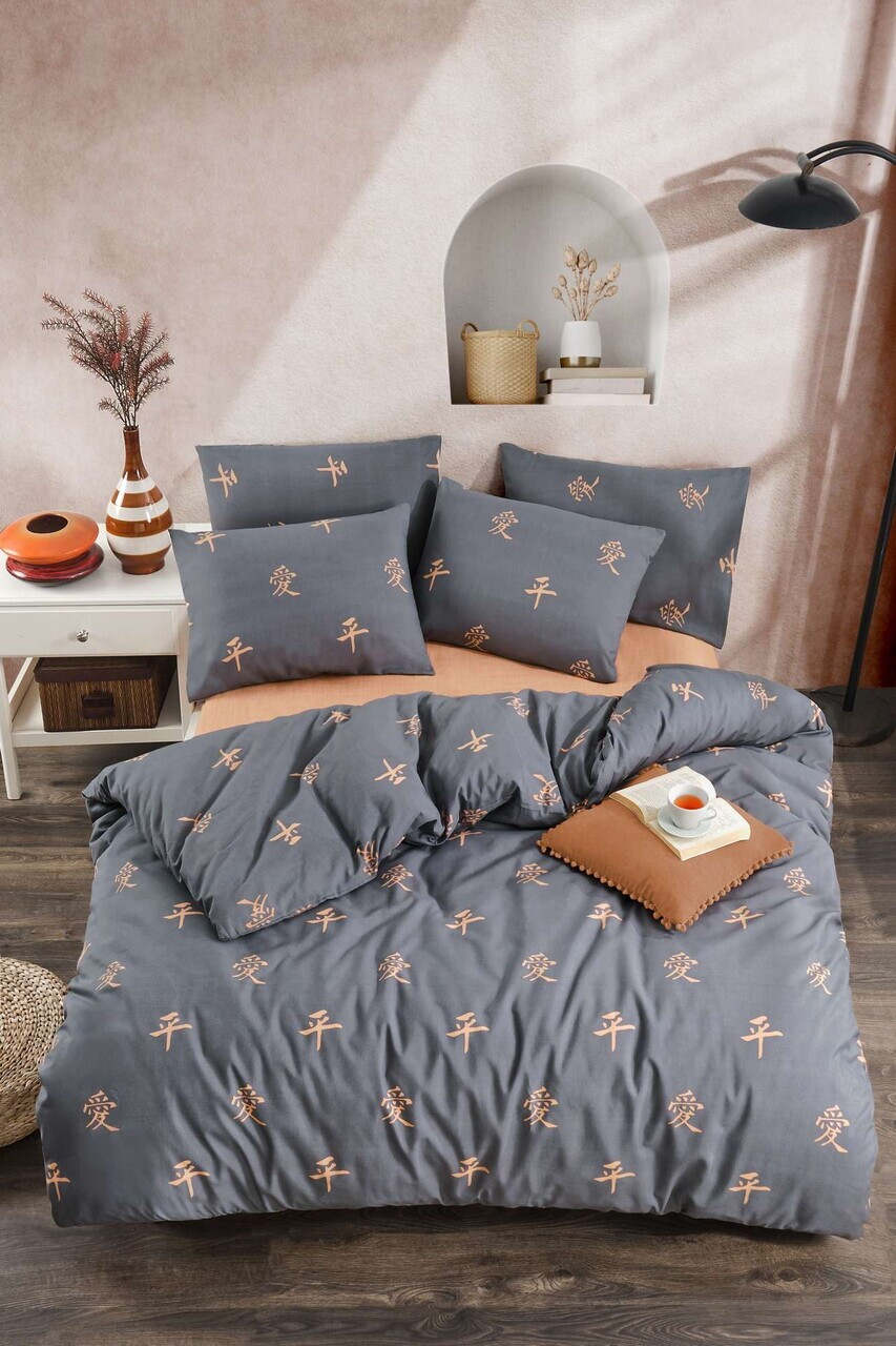 Lenjerie de pat pentru o persoana, L'essentiel Maison, Zen, 80% bumbac / 20% poliester, Antracit / Portocaliu
