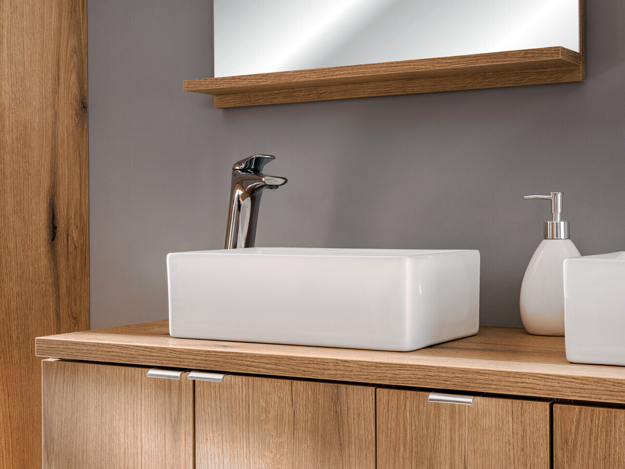 Set mobilier baie Nova Coast Evoke Gaja 50 cm, dulap inalt si masca cu lavoar, Comad, MDF/PAL, stejar - view 5