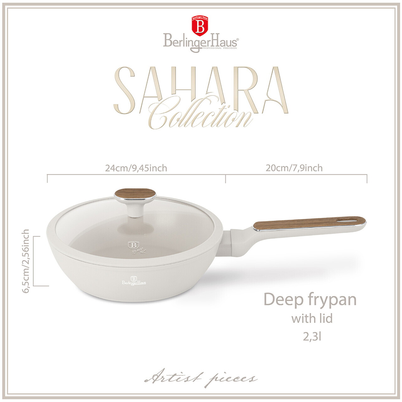 Tigaie adanca cu capac Berlinger Haus, Sahara Nordic, 24 cm, 2.3 L, aluminiu forjat, crem mat/natur - imagine 4