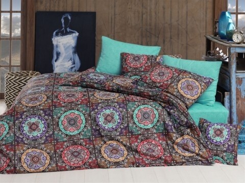 Lenjerie de pat dubla King Size, 4 piese, 100% bumbac ranforce, Nazenin Home, Ashley Turquoise, multicolora