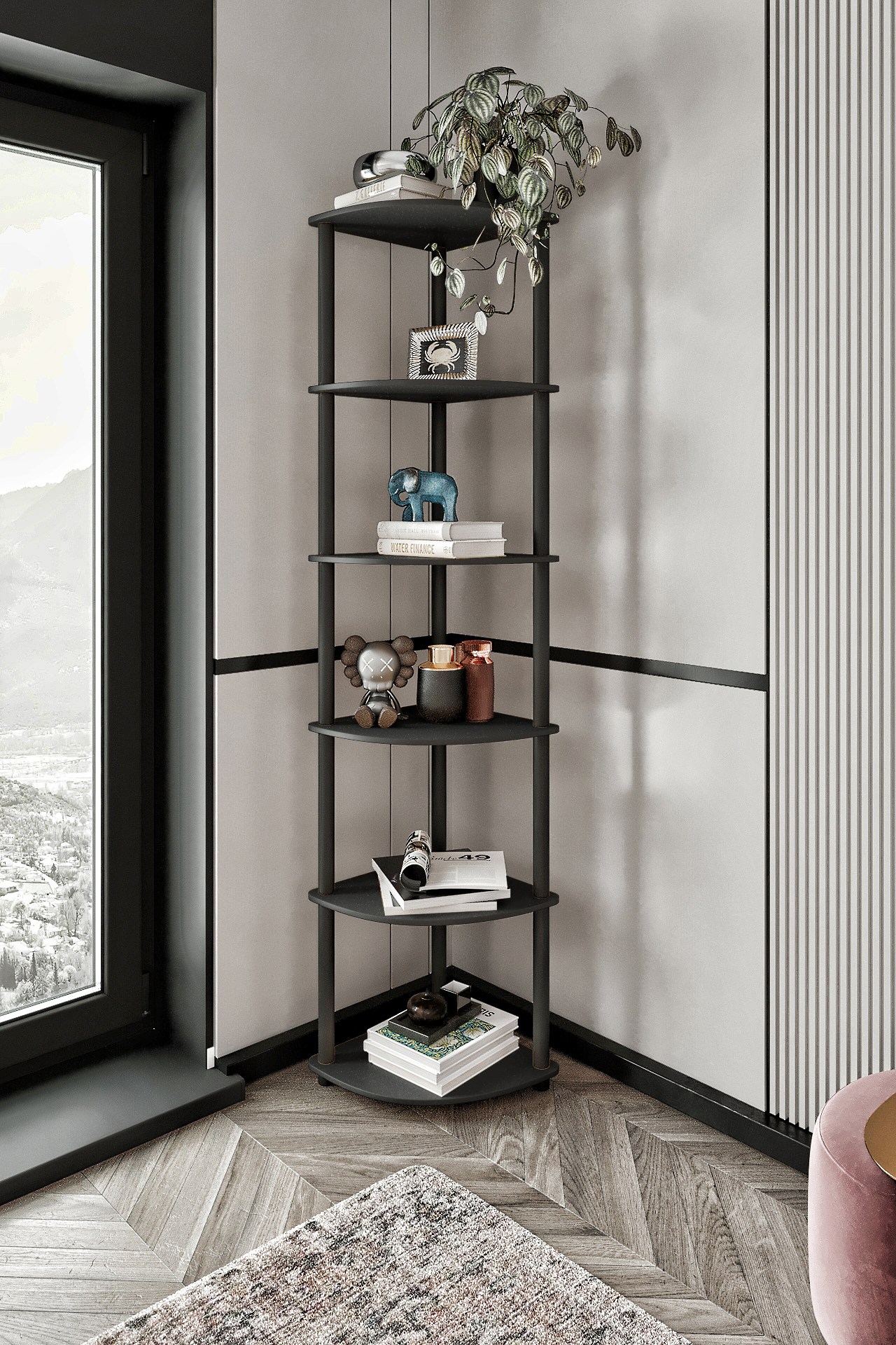 Corp biblioteca, Hanah Home, Bookcase 6 Corner, 34x173x34 cm, MDF , Negru