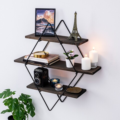 Raft pentru perete, Cerritos, Erysimum, 60 x 40 x 15 cm, lemn de molid/metal, negru/nuc Cerritos
