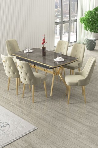 Set masa extensibila si scaune (7 piese), Hanah Home, Nis, Antracit / Auriu / Crem