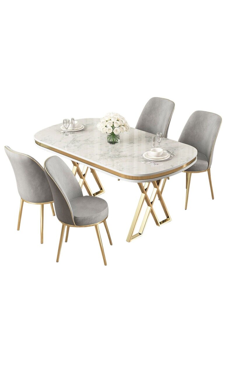 Set masa si scaune (5 piese), Hanah Home, Lai, Model de marmură albă / Auriu / Gri — imaginea 2