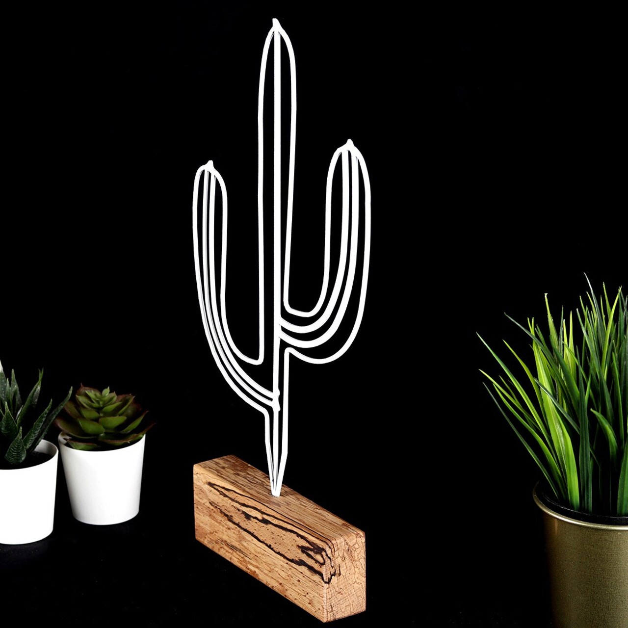 Decoratiune, Cactus, 17x37x3.5 cm, Metal, Alb - 2 | YEO