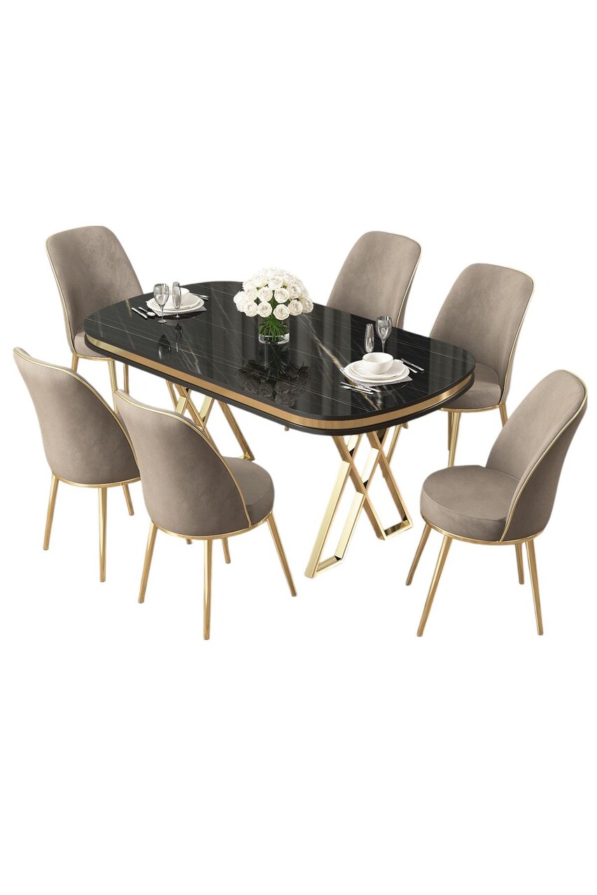 Set masă și scaune (7 piese), Hanah Home, Lai, Marmură neagră / Auriu / Cappuccino - imagine 2
