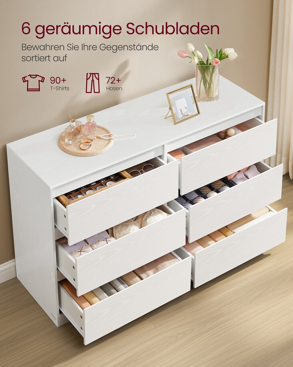 Comoda cu 6 sertare Kailyn, Songmics, 119.4x40x75 cm, PAL/MDF, alb - imagine 6